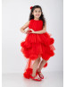 Red Pom Pom Tulle High Low Flower Girl Dress